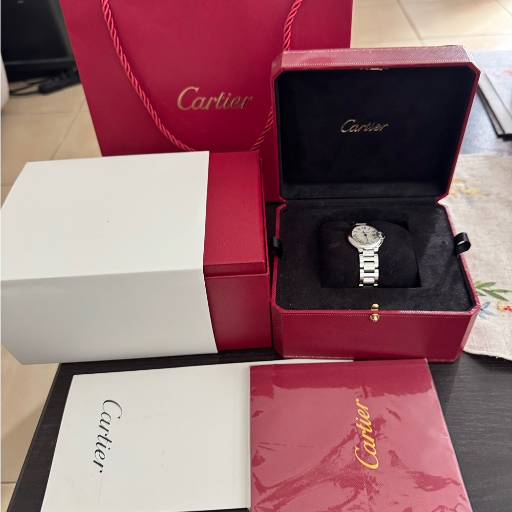 Cartier Silver Watch with Red Cartier Packaging